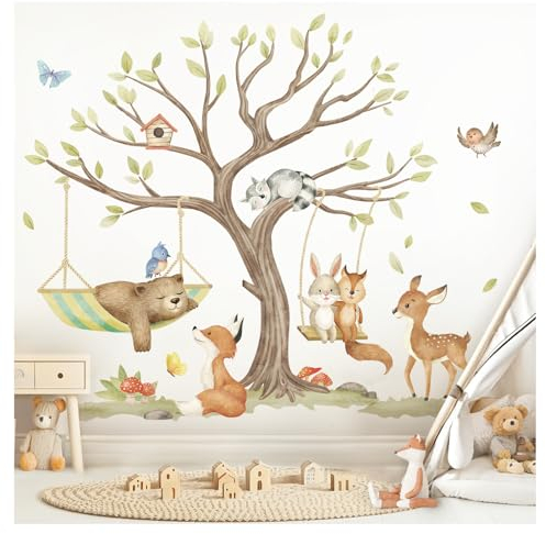 Little Deco Wandsticker Waldtiere Baum Wandtattoo für Babyzimmer Bär Fuchs REH Wandaufkleber Kinderzimmer Schlafzimmer Wanddeko DL5073-04