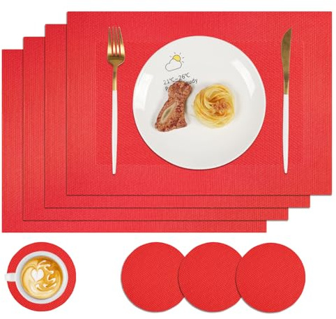 Famibay Placemats and Coasters Set of 4 Christmas Table Place Mats Heat Resistant Washable Red Plastic Dinner Place Mats for Kitchen Dining Table