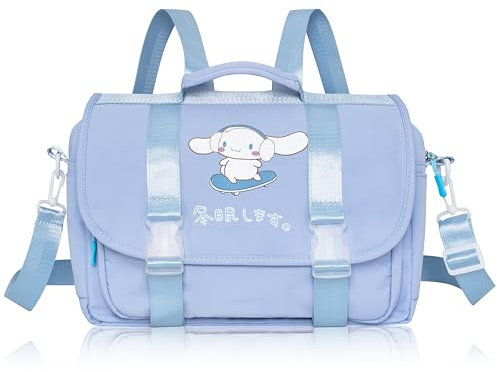 Roffatide Anime Cinnamoroll JK-Rucksack Messenger Tasche Crossbody Tasche Kawaii Lolita Umhängetasche Klappe Schulranzen Niedliche Nylonhandtasche für Frauen Blau