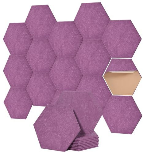 Hexagon Akustikplatten selbstklebend - Schallabsorber für Wand & Decke - 30x26x0.9cm, 12er Pack, Perfekt für Wohnräume, KTVs, Musikzimmer & Büros. (Lila)