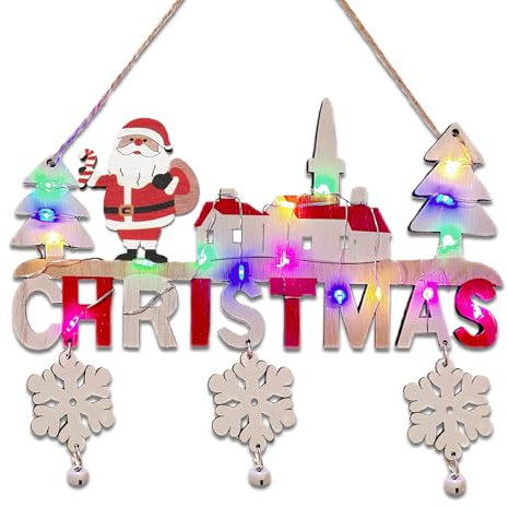 KEELYY Decorazione da appendere in legno con scritta natalizia e catena luminosa a LED, targa in legno per porta, finestra, parete o albero di Natale, Babbo Natale