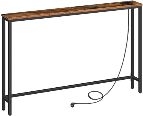 HOOBRO Consola con regleta y Puertos USB, Mesa Auxiliar Estrecha con Base de Carga, para vestíbulos, pasillos, Color marrón Vintage y Negro EBF15CXG01G1