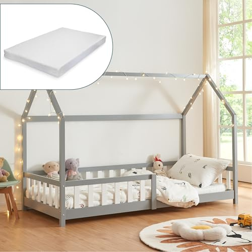 [en.casa] Kinderbett Hesel Hausbett mit Matratze 90 x 200 cm Grau mit Rausfallschutz und Lattenrost Montessori Bodenbett Jugendbett Holzbett