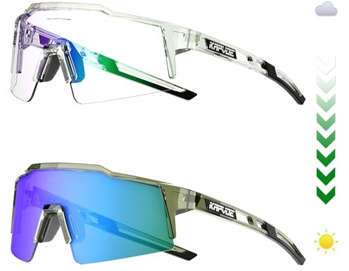 KAPVOE Selbsttönende Fahrradbrille Photochromatisch Uv400 Schutz TR90 Rahmen Sportsonnenbrille Sportbrille für Herren Damen Sport Radfahren Radbrille MTB Fahren Baseball Radsport Laufen 63 Grün
