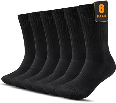 FORVEVO Socken Herren 43-46 Baumwolle,Weich Tennissocken Damen Gepolstert,Atmungsaktiv Cerw Sportsocken,Laufsocken Schwarz 6 Paar