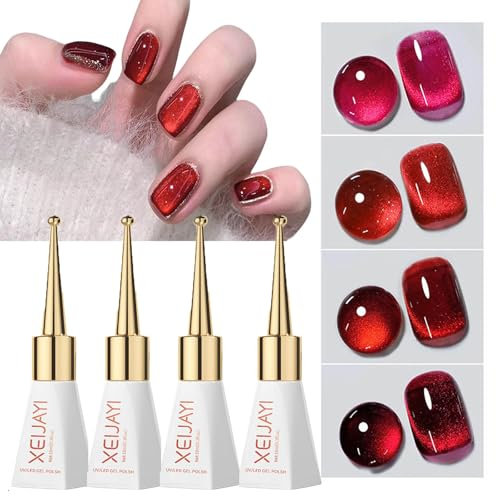 Red Cat Eye Gel Nail Polish Set - 4 Colors Magnetic Glitter Holographic DIY Nail Art Gift for Women