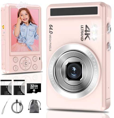 4K 64MP Digital Camera,2.8 UHD Compact Cameras with 16X Digital Zoom, Autofocus Rechargeable Vlogging Cameras with 2 1200mAh Batteries, 32GB Card, Portable Camera for Teens Students Kids Boys Girls