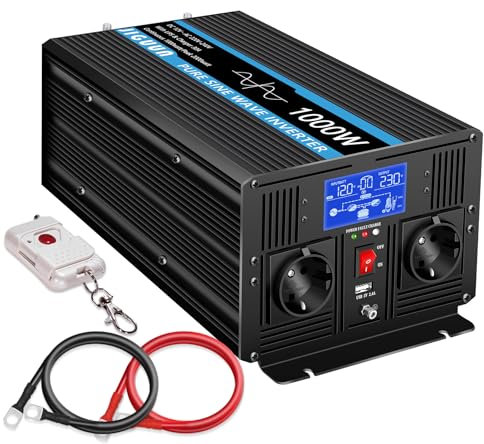 JIGUUN 1000W 2000W Wechselrichter Reiner Sinus Spannungswandler 12v 230v Mit 30A-Ladegerät und Netzvorrangschaltung und USV,2 EU Steckdosen,Kabellose Fernbedienung und LCD-Anzeige
