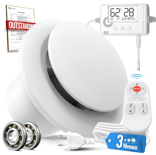 SBONNI 3 Vitesses Extracteur d'Air Automatique Détecteur Humiditer et Température, Minuterie, Télécommande, 100mm VMC Salle de Bain Hygroréglable, Silencieux et Puissant Ventilation P109