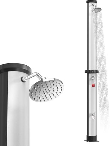 UISEBRT Solardusche 40 Liter, Solar Gartendusche 216 cm Hoch, Regenduschkopf Schwenkbar, max. 60°C, Aussendusche mit Wasserhahn & Anschlussset für Pool, Garten und Camping (Silber-Schwarz)
