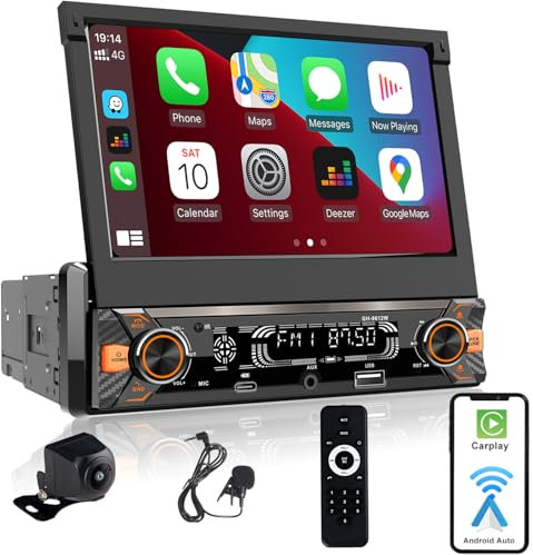 Alondy Radio Coche 1 Din pantalla táctil (7 Retráctil Automáticamente) compatible con [Wireless] Apple CarPlay/Android Auto Bluetooth Radio (FM/RDS) USB (Tipo-C carga rápida de 3A) Cámara de respaldo