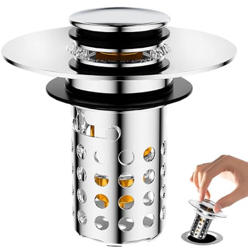 JTENGYAO Upgraded 3 in 1 Bathroom Sink Plug, Sink Strainer Stopper Universal Pop Up Sink Plug Replacement with Removable Filter Basket Hair Catcher, for 28-40mm Basin Hole, Brass Bullet Core, Chrome