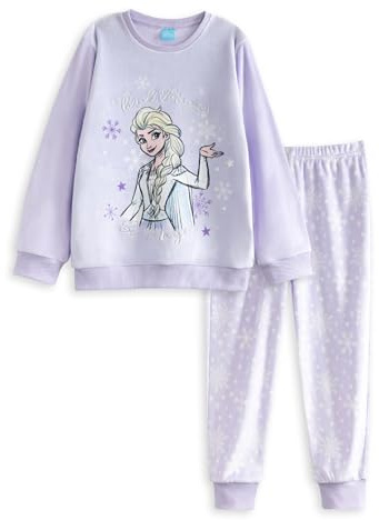 Disney Frozen Girls Light Purple Long Sleeve Long Leg Pyjama Set | Elsa Think Magic Be Magic Sleepwear | Snowflake Pattern Velour Fleece | Classic Movie Theme Kids Nightwear