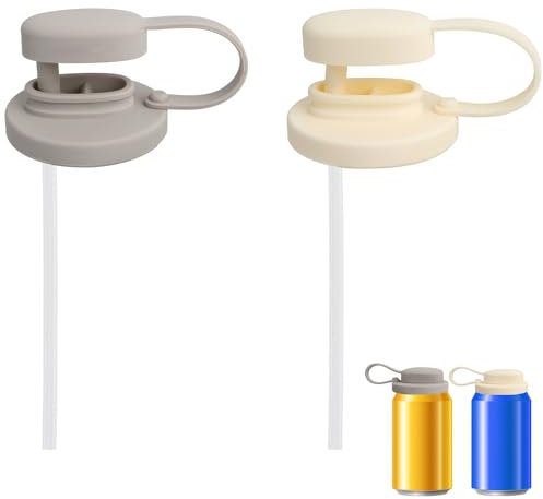 2pcs Soda Can Lids with Straw, Spill-Proof Reusable Soda Can Covers with Silicone Straw BPA-Free Pop Cans Toppers Caps Replacement for Standard 11/12/14/16/19oz Cans (Grey, White)
