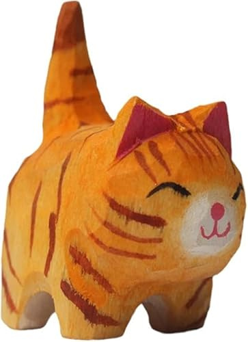 Cawhui Orange Cat Wooden Figurine - Small 1.85, Hand-Made, Carving, Decoration, Decoy, Small Animals, Cat Lover, Collectible Figurines, Home Décor Accents