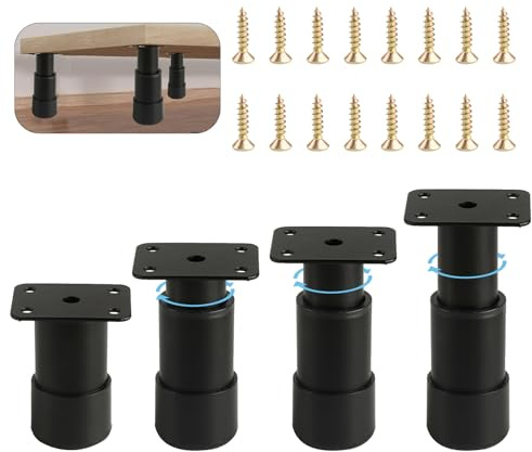 Set of 4 Adjustable Furniture Feet, Stainless Steel Furniture Feet, Height Adjustable 120 mm - 180 mm, Base Feet, Table Legs, Metal Black Furniture Legs for Cabinet, Sofa Feet, Cabinet Feet, Bed Feet