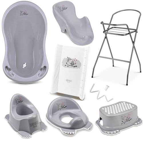 Babybadewanne mit Ständer 8 Set TÜV Rheinland geprüft - Babybadewanne + Baby Badewannensitz + Wickelauflage + Gestell + Abfluss + Töpfchen + Hocker + WC Sitz Kinder