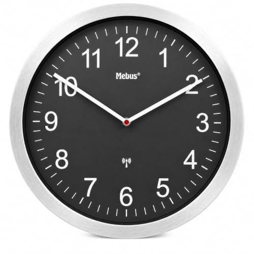 Mebus Analoge Funk-Wanduhr 45 cm XXL | Leicht lesbar & lautlos in Schwarz | Runde große Funkuhr ohne Tickgeräusche & Ziffernblatt für Küche, Wohnzimmer, Büro, Kinderzimmer, Küchenuhr | Uhr geräuschlos