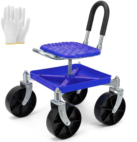 Garten Rollhocker mit 360° Drehbarem Sitz & 360° Schwenkrollen – 150 kg Tragkraft, Höhenverstellbar (51–61 cm) – Gartensitz mit Handschuhen für Jäten, Pflanzen, Auto-Detailing & Garagenarbeiten