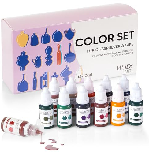 HODIART Farbe für Gießpulver 12er Set – Gießpulver Farben & Farbpigmente für Gips und Beton, Hochpigmentiert, Flüssig, Wasserbasiert, Mischbar, je 10 ml