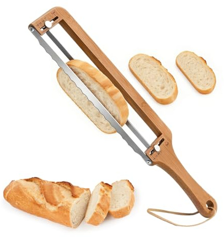 jackfru Tagliapane in Legno con Guida Spessore Regolabile, Coltello Pane Bow in Acciaio Inox 304, Sega per Pane per Lievito Madre, Baguette, Toast