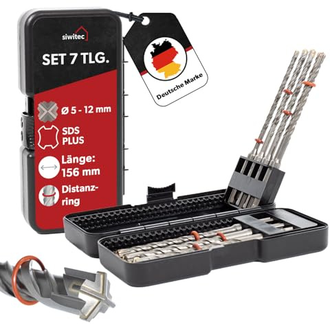 siwitec SDS Plus Betonbohrer Set 7-teilig - 5 6 8 10 12 14 x 156 mm in Bohrerkassette, SDS Bohrer für Stahlbeton, Stein und Beton, Steinbohrer inkl. Distanzring, Betonbohrer