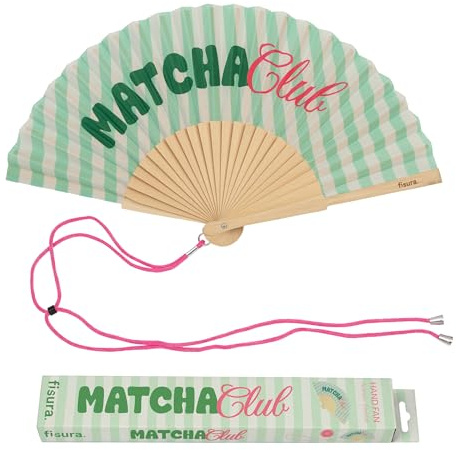 Fisura – Original “Matcha Club” Message Folding Fan, Modern and Colourful Folding Handheld Fan, Green Stripe Design for Wedding, Rave, Festival - Includes Strap. Size: 42.5 x 23 cm