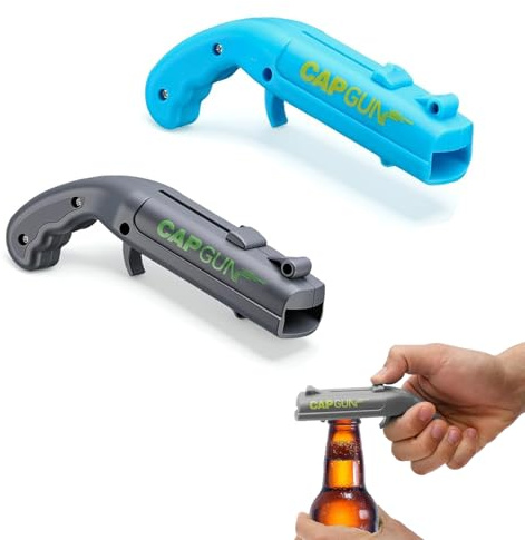 Pack de 2 Abrebotellas y Abridor de Botellas de Cerveza, Gadgets Originales con Lanzador de Tapas para Fiestas y Bar, Regalos Divertidos para Hombres, 13x6x3.7cm, Azul y Gris
