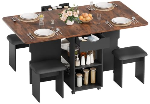 Mondeer Essgruppe mit Klapptisch und 4 Stühlen, platzsparender Esstisch | 3-in-1 Klapptisch mit Rollen, 2 Schubladen und 2 offenen Ablagen für Essen, Arbeiten und Aufbewahrung, kleine Räume