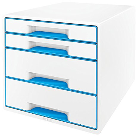 Leitz CUBE Schubladenbox mit 4 Schubladen, Weiß/Blau, A4, Inkl. transparentem Schubladeneinsatz, WOW, 52132036