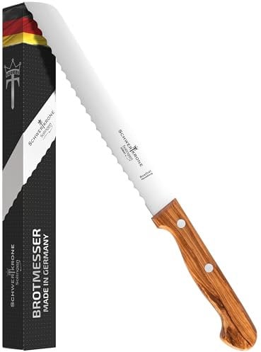 Schwertkrone Solingen Couteau à pain à lame crantée et manche en bois d'olivier, Lame 20 cm, Acier inoxydable, Made in Germany