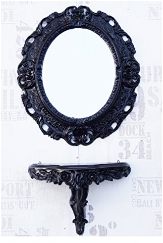 Lnxp Set Schwarz Wandspiegel + Konsole M OVAL Wandkonsole Barock Antik 44x38 Flur Eingangsmöbel Möbel Konsole Ablage Spiegel 45SET