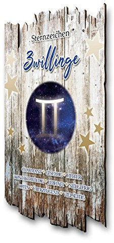Kreative Feder Wandbild Sternzeichen Zwillinge aus Holz im Shabby Chic Landhaus-Stil - Holzschild Größe 30x20cm (Zwillinge)