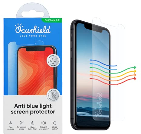Ocushield Anti Blue Light Tempered Glass Screen Protector for iPhone 7 | iPhone 8 - Protect Your Eyes Reduce Migraines & Improve Sleep
