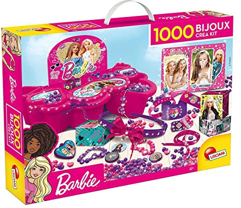 Lisciani Giochi - Barbie Valigetta 1000 Bijoux Gioco per Bambini, Kit di Perline; Cerchietti per Capelli; Bracciali; Anelli; Pettine; Nastro; Filo Colorato; Portafoto; Cassettiera; Stickers; Carte Decorate; Istruzioni, 76901