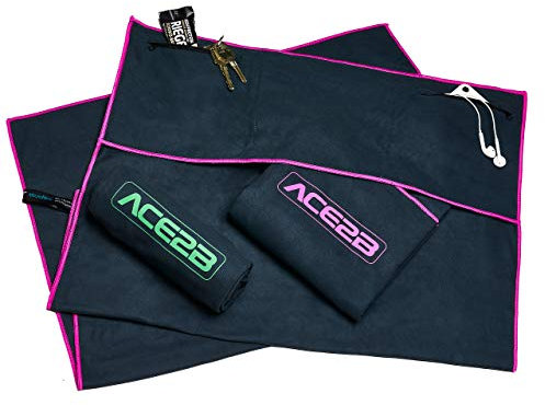 ace2b Fitness Sport Handtuch Mikrofaser – schnelltrocknend, platzsparend, leicht / 2 Taschen mit Überzug für Gerätetraining, Fitnessstudio, Gym / 120x55cm XL groß (pink)