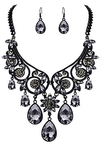 Clearine Damen Schmuckset Tribal Ethnic Kristall Chunky Erklärung Halskette baumeln Ohrringe Grau Schwarz-Ton