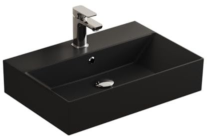 Aqua Bagno | Eckiges Design Waschbecken mit dünnem Rand, Trendfarbe schwarz matt, hochwertige Keramik | 60 x 42 cm