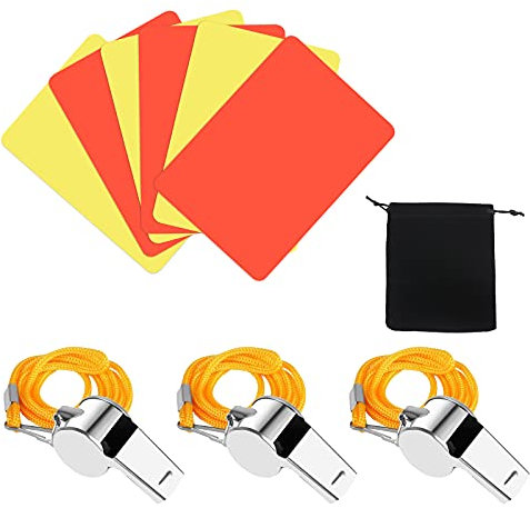 CINVEED 10 Stücke Sport Schiedsrichter Set Edelstahl Schiedsrichter Metall Trillerpfeife mit Rot Gelb Schiedsrichter Karte Tasche Fußballspiel Whistle für Kinder Lehrer