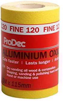 ProDec Rouleau de 5 m de papier abrasif jaune, oxyde d’aluminium, grain 120 fin pour poncer bois, peinture, joints, métal et plus, papier abrasif compatible avec les ponceuses électriques