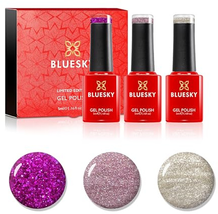 Bluesky Gel Nail Polish Set, Wish List Trio, Silver, Purple, Glitter | A party-ready three, from a smooth metallic through to a full sparkle, boxed small enough for a stocking.