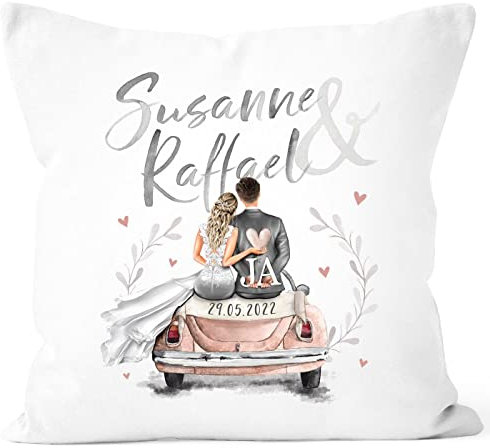 SpecialMe® personalisierbares Kissen Geschenk Hochzeit mit Namen und Datum Auto Brautpaar Hochzeitstag Jahrestag weiß Standard