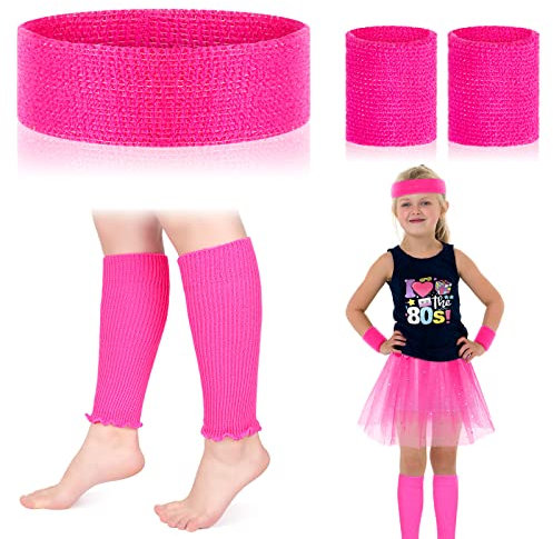 BBTO 80er Verkleidung für Mädchen Kinder 1980er Neon Accessoires Beinwärmer Set Rosa Strick Stirnband und Armbänder für Retro Party Kostüm