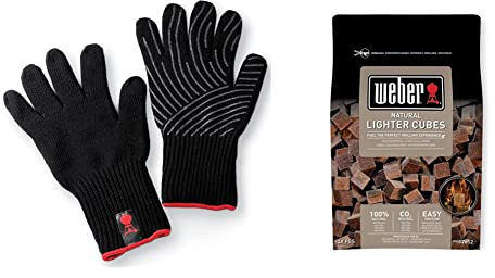 Weber Premium BBQ Gloves - Large/Extra Large | Heat Resistant Cooking Mitts | Washable Heat Protection Cloth Gloves & Natural Lighter Cubes | BBQ Lighter Easy Ignition