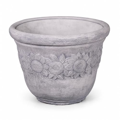 gartendekoparadies.de Blumentopf mit Sonnenblumen-Relief, Steinguss, Grau, Größe XL (29 L), H 35 cm, Ø 38 cm, Boden-Ø 22 cm, 23 kg, Frostsicher