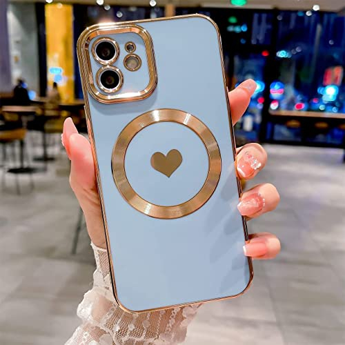 UEEBAI Wireless Charging Magnetic Phone Case For iPhone 11, Built-in Compatible with MagSafing Faster Charging Slim Fit Heart Pattern Soft TPU Microfiber Cover - Heart Blue