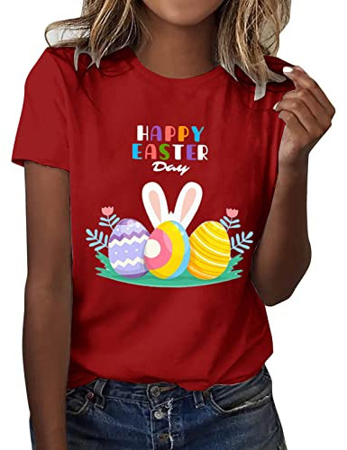 HOOUDO Damen Blusen Modische Bluse für Frauen, lässig, Ostertag, Druck, Rundhalsausschnitt, Kurzarm, T-Shirt, Tunika-Shirt Karo Kauer Damen