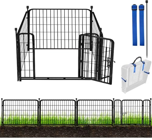 ADAVIN Garden Fence with Gate 24in(H)×10 Ft(L) 4 Panels, Black Heavy Duty Iron Metal Animal Barrier Fence, Indoor&Outdoor Dog Playpen, Camping Fence, No Dig Garden Border Fencing for Yard