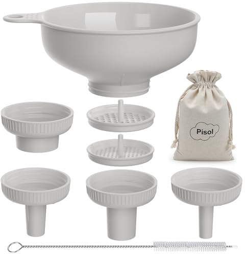 Pisol Wide Mouth Versatile Funnel, Canning Funnels for Kitchen Use, Food Grade Plastic Cooking Funnel Set with 4 Size Spouts and 2 Strainers for Filling Different Bottles and Bags, Grey