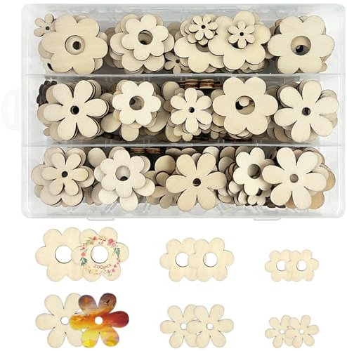 GZhaizhuan 200 Stk Holzblumen, Holz Blumen Scheiben mit Box, Holz Streuteile Naturholzscheiben zum Basteln für DIY Handwerk Scrapbooking, 3 Größen